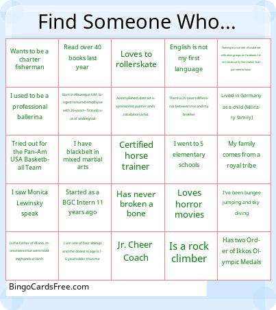 From Adrenaline to Artistry Bingo Cards Free Pdf Printable Game, Title: Find Someone Who...