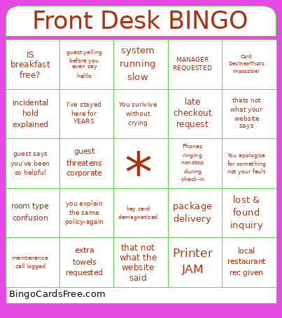 Front Desk Bingo Card
