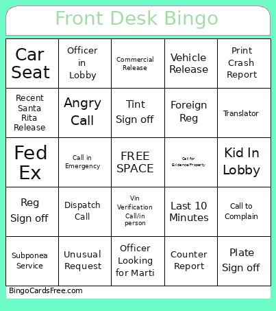 Front Desk Bingo Card