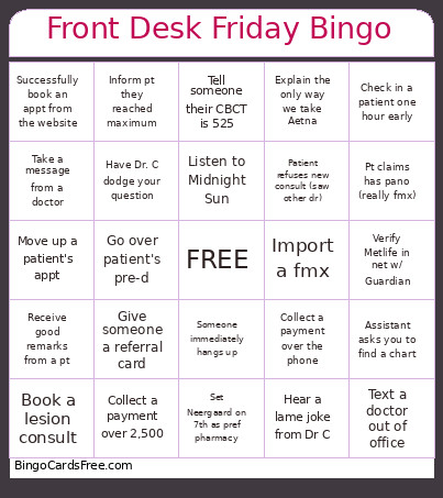 Front Desk Friday Bingo Card