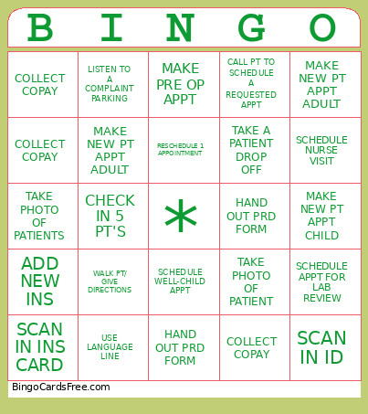 Front Desk Fun Bingo Card