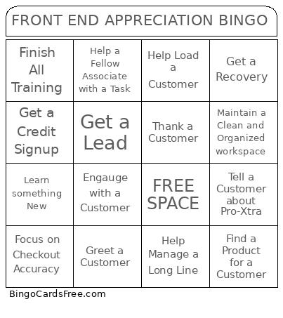 Front end appreciation Bingo Cards Free Pdf Printable Game, Title: FRONT END APPRECIATION BINGO