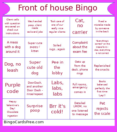 Front Of House Bingo Card