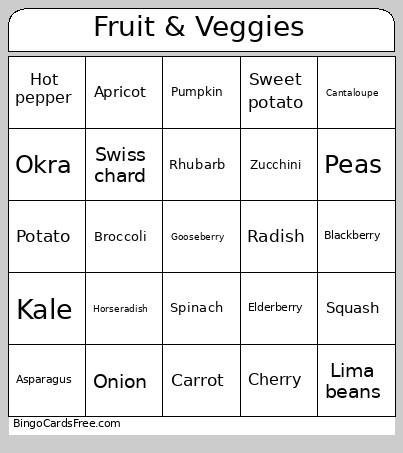 Fruit & Veggies Bingo Card