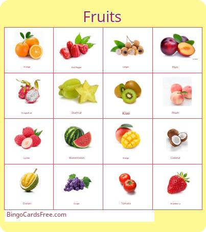 Fruits Bingo Cards Free Pdf Printable Game, Title: Fruits