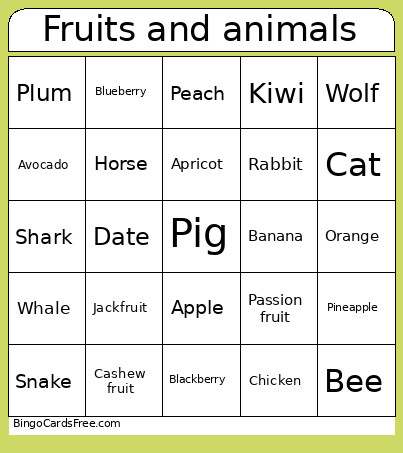 Fruits And Animals Bingo Card
