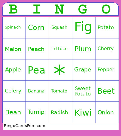 Fruits And Veggies Bingo Card
