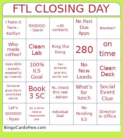 FTL CLOSING DAY Bingo