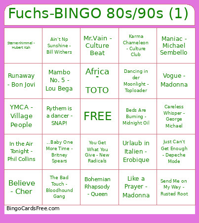 Fuchs- 80s/90s (1) Bingo Card