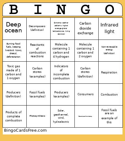 Fuels Bingo Card
