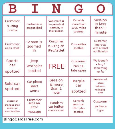 Fullstory Bingo Card