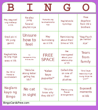 Funeral Bingo Card