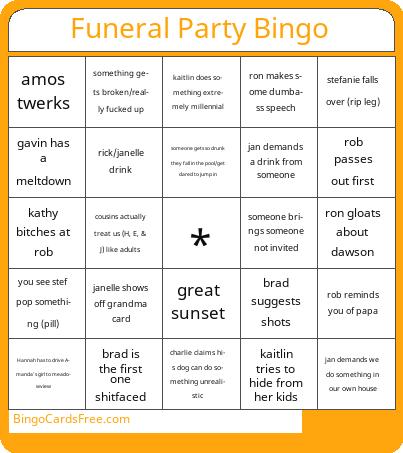 Bitch Bingo Cards Free Pdf Printable Game, Title: Funeral Party Bingo