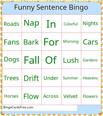 Funny Sentence Bingo Cards Free Pdf Printable Game, Title: Funny Sentence Bingo