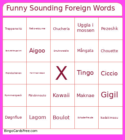 Funny Sounding Foreign Words Bingo Card