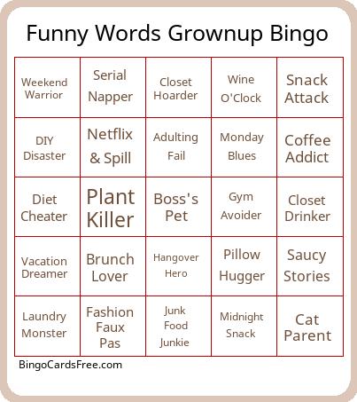 Funny Words Grownup Bingo