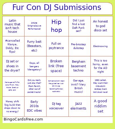 Fur Con DJ Submissions Bingo
