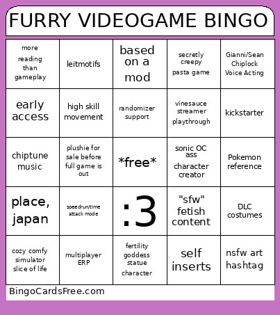 Furry Videogame Bingo Card