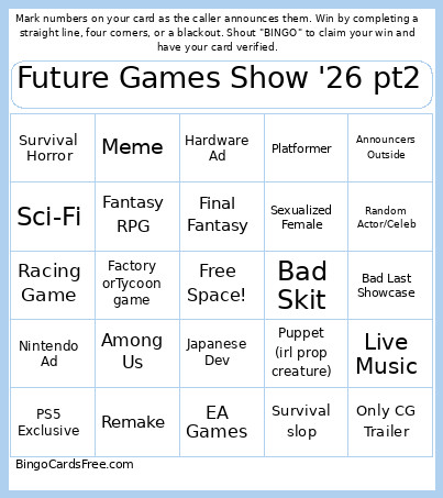 Future Games Show '26 Pt2 Bingo Card