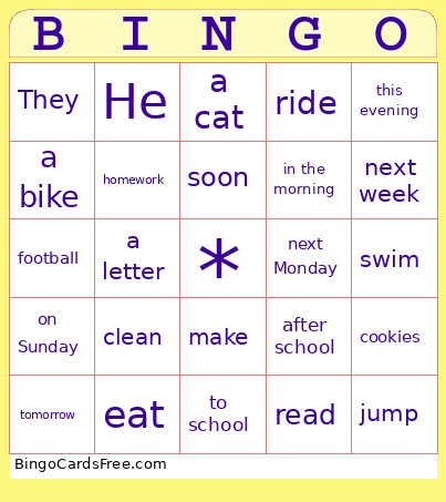 Future Simple Tense Bingo Card 2