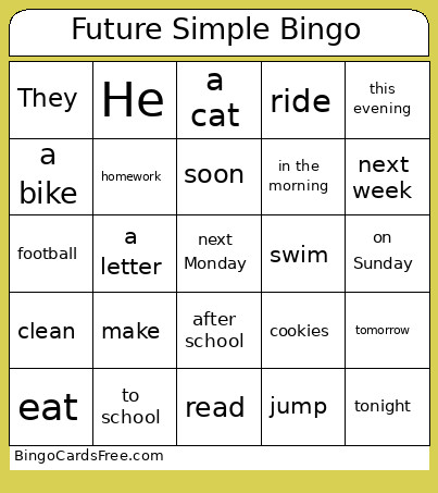 Future Simple Tense Bingo Card