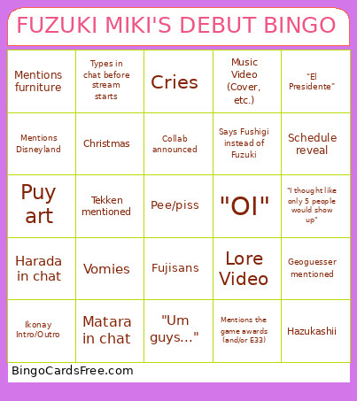 FUZUKI MIKI'S DEBUT Bingo Card