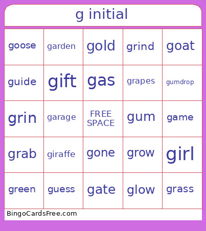 G Initial Bingo Card