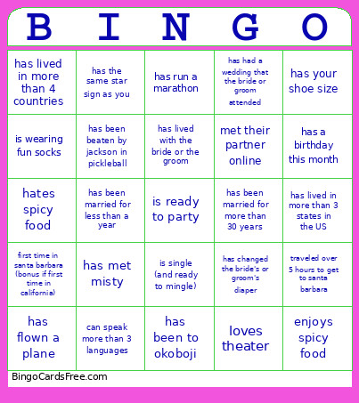 G&J Wedding Bingo Card