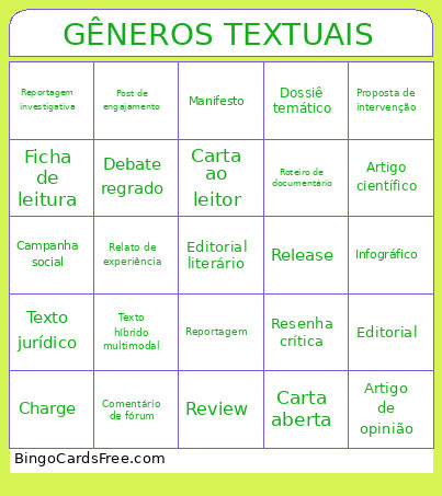 GÊNEROS TEXTUAIS Bingo Card