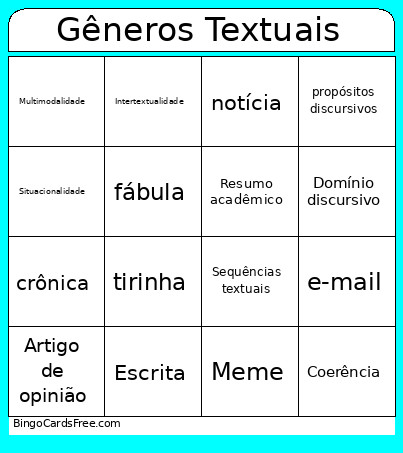Gêneros Textuais Bingo Card