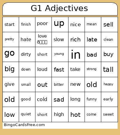 G1 Adjectives Bingo Card