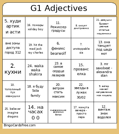 G1 Adjectives Bingo Card