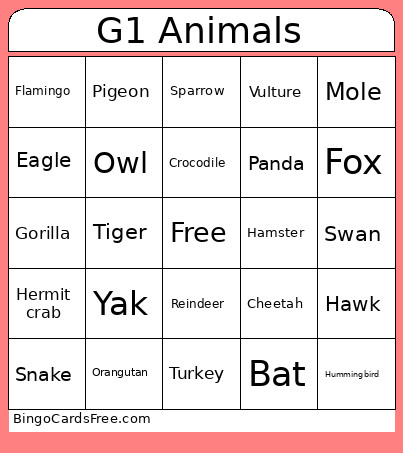 G1 Animals Bingo Card
