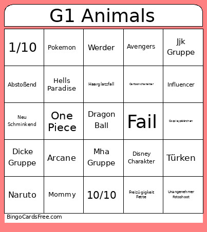 G1 Animals Bingo Card