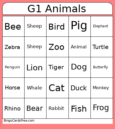 G1 Animals Bingo Card