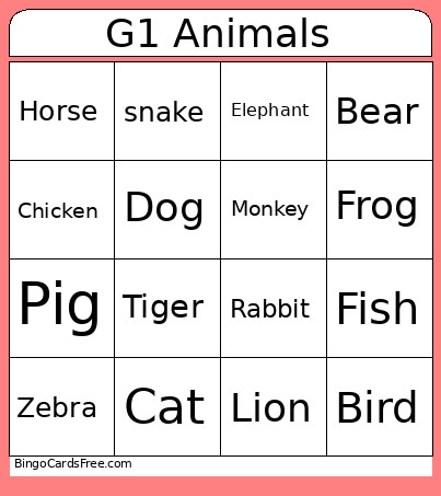 G1 Animals Bingo Card