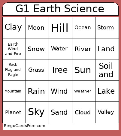 G1 Earth Science Bingo Card