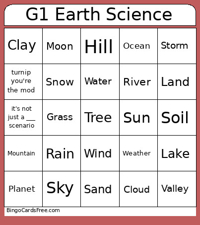 G1 Earth Science Bingo Card