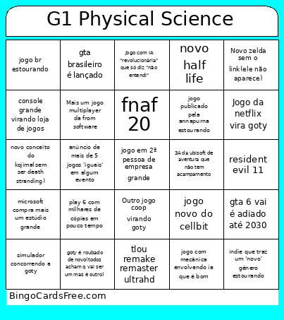 G1 Physical Science Bingo Card