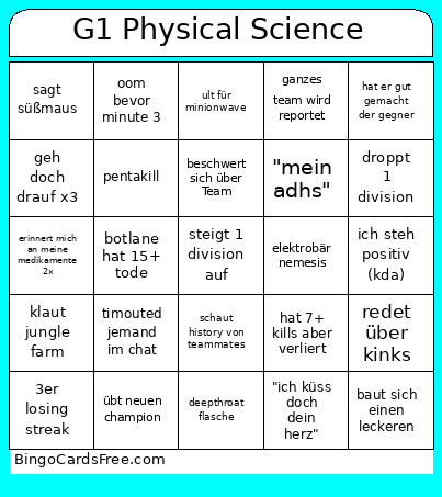 G1 Physical Science Bingo Card