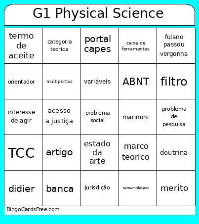 G1 Physical Science Bingo Card