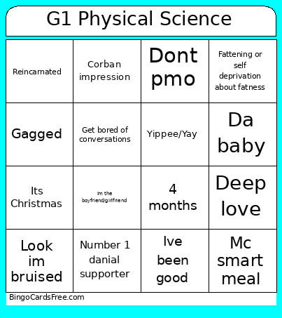 G1 Physical Science Bingo Card