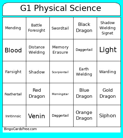 G1 Physical Science Bingo Card