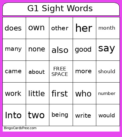 G1 Sight Words Bingo Card