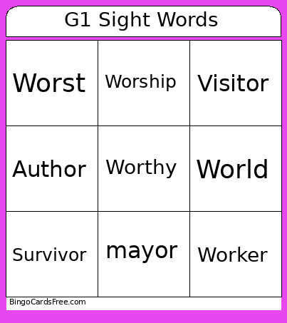 G1 Sight Words Bingo Card