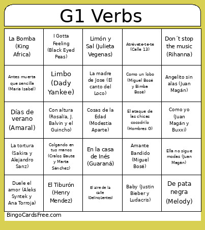 G1 Verbs Bingo Card