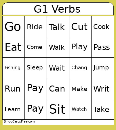 G1 Verbs Bingo Card 2