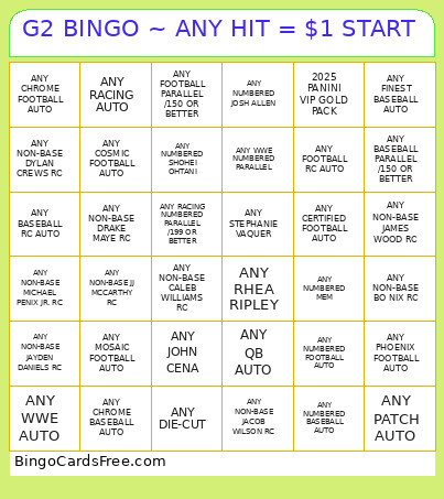 G2 ~ ANY HIT = $1 START Bingo Card