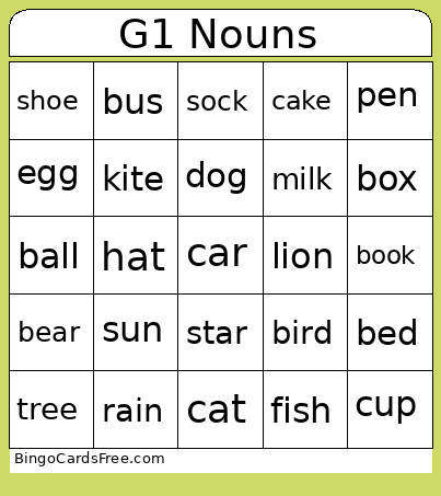 G2 Nouns Bingo Card