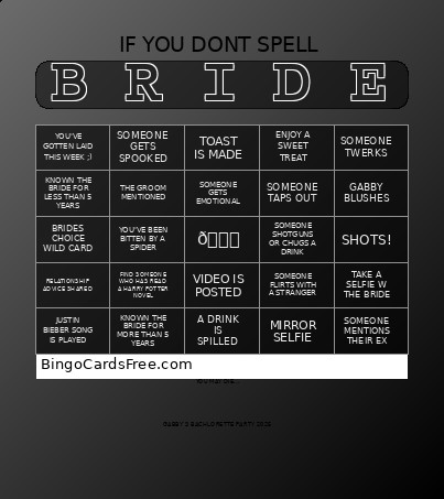 GABBYS BACHLORETTE Bingo Card